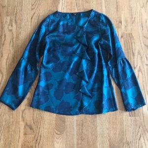 Aqua and Navy Floral Silk Blouse